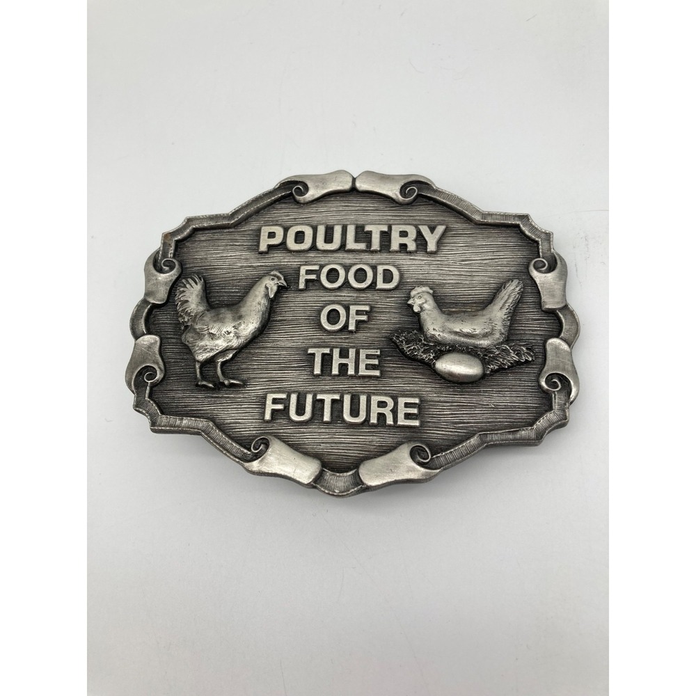 Vintage R&M Industries Poultry Food Of The Future Belt Buckle Metal Chicken Hen